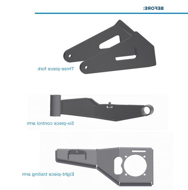 original steel weldments for a lawmower including a three-piece fork, six-piece control arm, and eight-piece trailing arm